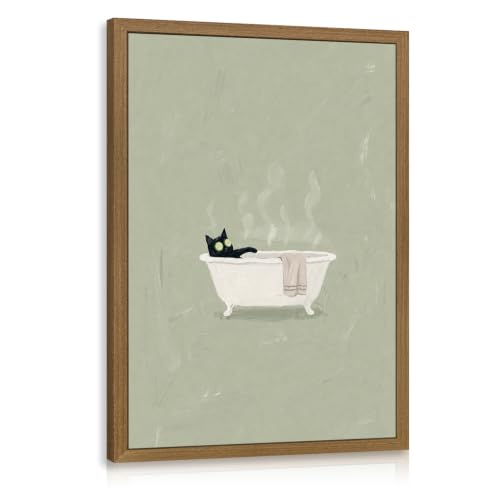 YZELY Funny Black Cat Bathroom Wall Art, Relaxing Spa Cat Wall Decor, Minimalist Bathtub Poster Print, Modern Sage Green Aesthetic Picture for Restroom Powder Room Guest Bath Wood Framed 12x16 Inch