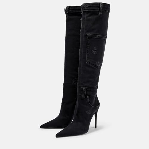 Vertundy Denim Knee High Boots For Women Pointed Toe Stiletto Heel Jeans Boot With Pockets Rivets Winter Riding Boots3