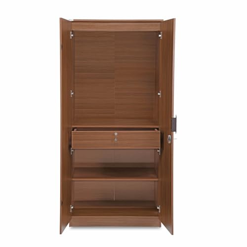 Image of Nilkamal Milford 2 Door Wooden Wardrobe for Bedroom | Almirah with 3 Shelves, 1 Hanging Rod & 1 Drawer | Clothes Cupboard | Engineered Wood | Classic Walnut