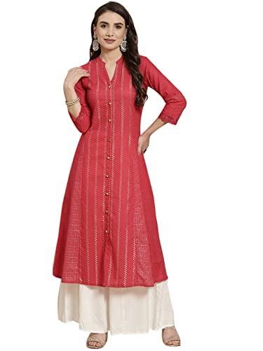 Image of Juniper Red Cotton Dobby Printed A-Line Kurta with Mask