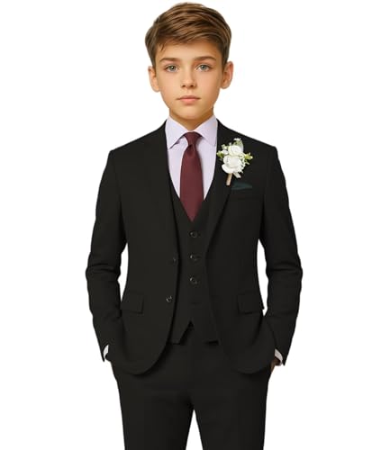 El Mejor Listado de Trajes para Niño los preferidos por los clientes. 50 Fersumm - Conjunto de 5 piezas para niños, chamarra de esmoquin y pantalones con corbata para niño formal, Negro, corbata, 14