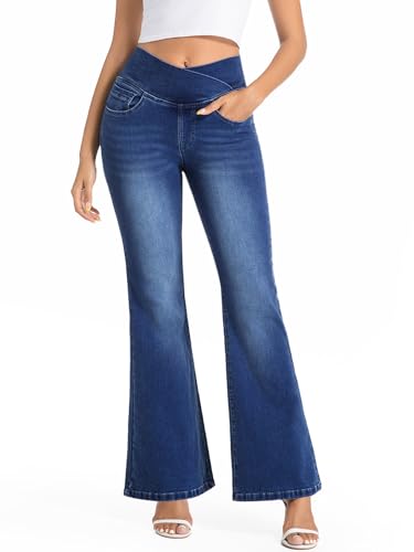 VX VONXURY Bootcut Jeans Damen mit Hoher Bund Pull on Flare Jeans Stretch Schlaghose mit und 4 Taschen Ideal für Alltag Büro,Dunkelblau