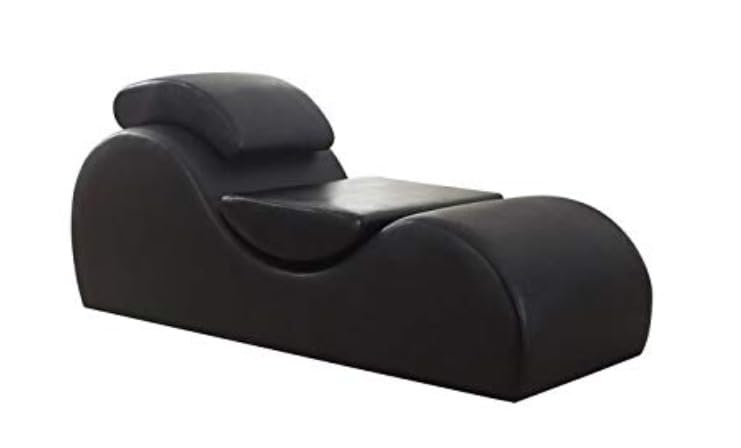 Image of SOUL CRAFT Sheesham Wood Leatherate Tantric Lounge Chair, Yoga Chaise Lounge, Modern Relaxing Chair with Cushion, Full Black