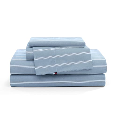 Tommy Hilfiger - Queen Bed Sheets Crisp & Cool Cotton Percale Bedding with Matching Pillowcases Lightweight Bed Set Oeko-Tex Certified (Effortless Stripe Blue)