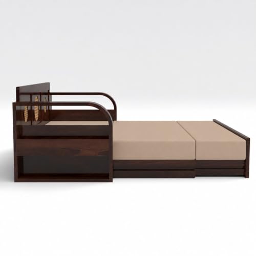Image of Kunjal Furniture Solid Sheesham Wood Sofa Cum Bed with Storage for Living Room | 3-Seater Convertible Sofa Bed | Handmade Wooden Furniture (Walnut+Beige, Round Cane)