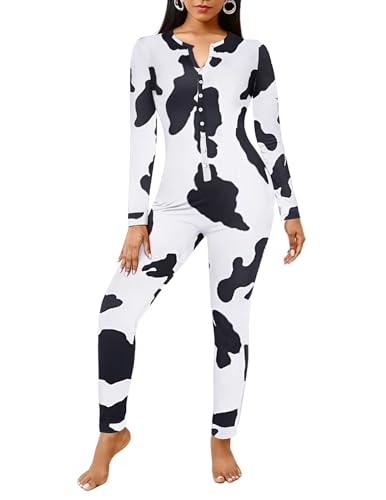 Ekouaer Halloween Pajamas Womens Cow Onesie Adult Button One Piece Pajama Long Sleeve Onesie Pajamas