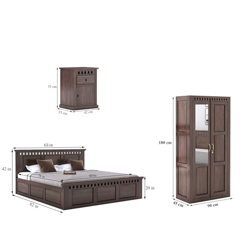 Image of SONA ART & CRAFTS Kuber Solid Sheesham Wood Bedroom Set | Queen Size Bed with Box Storage, Wardrobe & Two Bedside Tables - Walnut Finish (Assembly Included)
