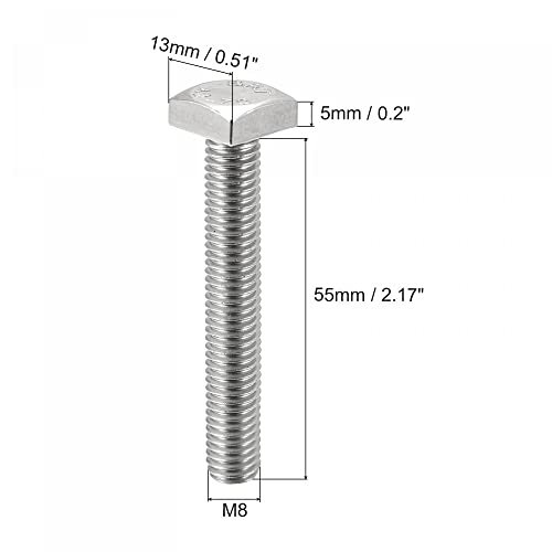 Image of uxcell Square Head Bolt, 5pcs M8x55mm Fully Thread 304 Stainless Steel Grade C Square Machine Screws