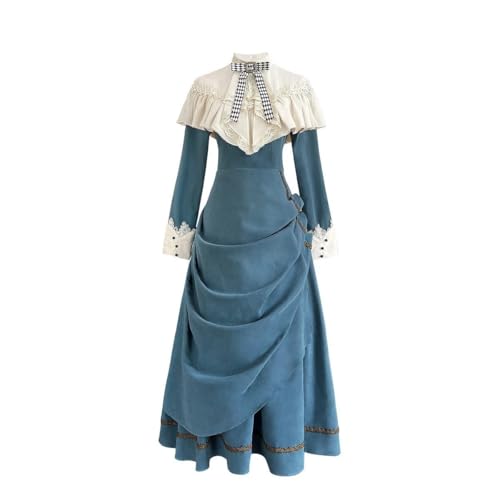 Robe longue victorienne édouardienne bleue en tissu premium avec col cape à volants
