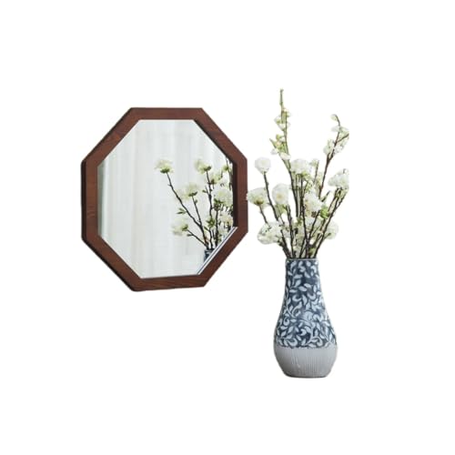 JICOMUS天然木製 壁掛けミラー 八角形・丸型 木枠フレーム HD 鏡面 飛散防止 化粧鏡 軽量 玄関・洗面・化粧・リビング・バスルームに適用 レトロ・モダンなインテリアミラー (八角鏡 40.6CM)