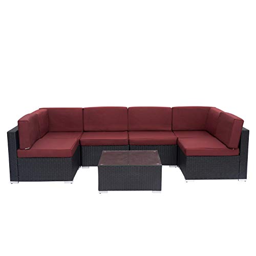 Kinsunny 7 PCs Outdoor Patio Sectional Set Black Rattan Wicker Furniture Sofa Set Conversation Chairs Thick Cushions with Pillows and Tea Table