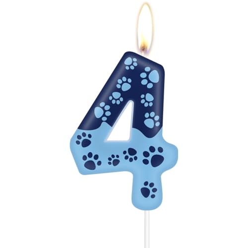 mciskin Vela de 4º aniversário com design de pata de cão azul, decoração de bolo de pata de cão, vela azul número 4 para bolo, velas para cupcakes para decoração de aniversário de menino e menina