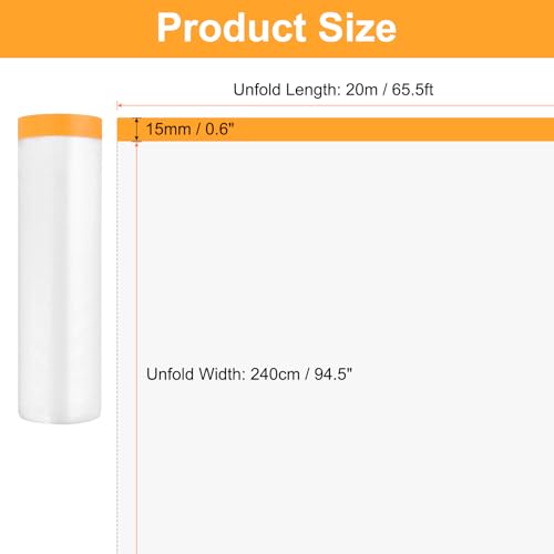 Image of HARFINGTON 12 Rolls Pre-Taped Masking Film 94.5 inch x65.6ft Tape and Drape Painters Plastic Drop Cloth Film with Tape Plastic Sheeting for Automotive Painting Covering