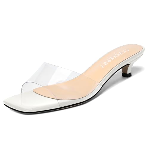 SKYSTERRY White Women's Clear Strap Kitten Heeled Mules Size 5