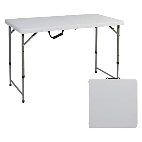 DlandHome Folding Camping Table Long Foldable Outdoor Table, Sturdy Plastic Picnic Table with Height Adjustable, Folding Long Garden Picnic Tables for Buffet/BBQ/Beer/Barbecue/Catering, White Cover