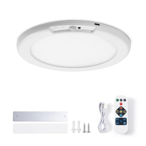 Leselux Akku Deckenlampe mit Bewegungsmelder, 6000mAh Aufladbar Batterie Deckenleuchte mit Fernbedienung, Ohne Stromanschluss 3 Modi Dimmbar 3000K/4500K/6500K, für Flur Treppe Balkon Garage, Φ19CM