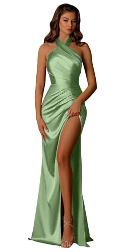 Image of Halter Satin Bridesmaid Dresses Long with Slit for Women Mermaid Prom Dress Pleated Formal Gown Evening Dress