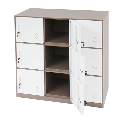 HPDTZ Armario de almacenamiento 90 cm x 42 cm x 100 cm, 9 compartimentos, 9 puertas, armario de acero con llave, mueble de oficina para aula, pasillo, gimnasio, total, marrón