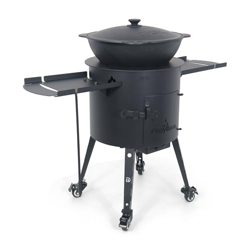 Gusseisen Kazan 12L mit Feuerofen Utschak Ø 40 cm | Räder, Ablagetisch | Учаг Outdoorküche Feuerschale Gulaschkanone | Usbekische Plov Kasan Rundboden Wok (Runde Adapter-Ringe)