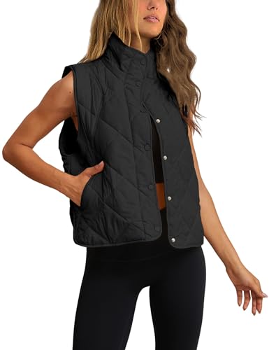 Zhiyouni Women's Quilted Puffer Vest Stand Collar Lightweight Button Down Padded Gilet with Pockets(Black-S)