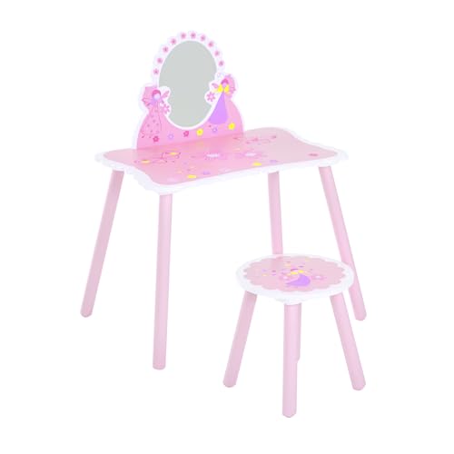 HOMCOM Tocador Infantil de Madera Mesa de Maquillaje para Niños con Espejo y Taburete 59x39x82cm Rosa