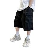 Pantalones cortos cargo para niños, hasta la rodilla, para adolescentes, pantalones cortos holgados para niños, pantalones deportivos casuales con bolsillos, cintura elástica, pantalones deportivos de