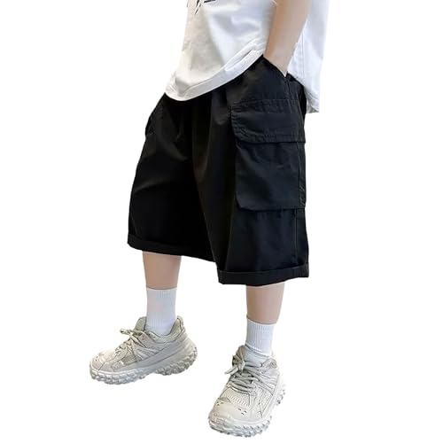 Image of Boys Knee Length Cargo Shorts Teens Baggy Bermuda Shorts Kids Casual Athletic Pants with Pockets Elastic Waist Sports Wide Leg Sweatpants Casual Cool Tracksuit Bottoms (Black, 12-13 Years)