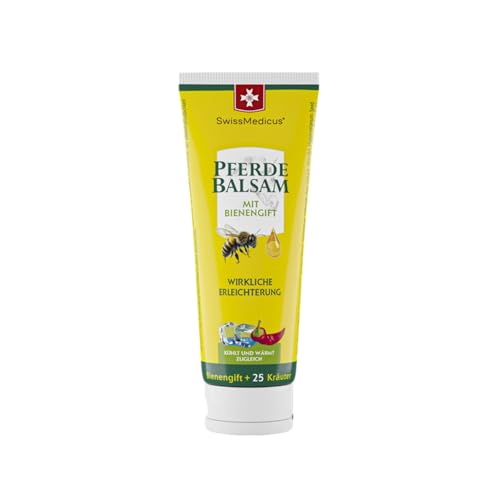 SwissMedicus Baume de cheval avec venin d'abeille et 25 herbes – Fraîcheur et réchauffement en même temps – Pour massage de la peau dans la zone du dos et des articulations sollicitées (75 ml)