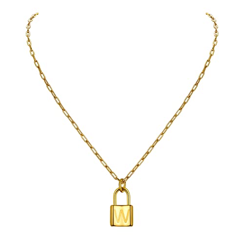 PROSTEEL Lock Initial Necklace for Women, Gold Plated Stainless Steel Paperclip Chain Padlock Necklace, 18"-20" Adjustable, Come with Box 04 Initial Lock-Gold Plated W