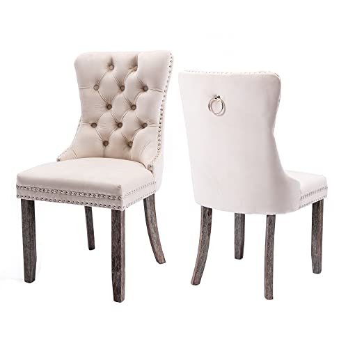 Image of Virabit Tufted Velvet Upholstered Chairs Set of 2, Nailhead Back and Ring Pull Trim, Solid Wood Chairs for Kitchen /Bedroom /Dining Room (Beige)