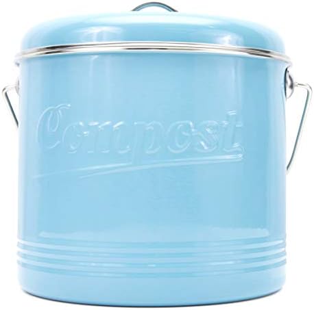 Compost Bin with 7 FREE Charcoal Filters by Silky Road - 1.3-Gallon / 5-Liter - Embossed Retro Blue Powder-Coated Carbon Steel - Kitchen Pail with Lid, Trash Keeper Container Bucket, Recycling Caddy