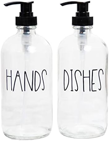 Glass Hand and Dish Soap Dispenser Set for Kitchen, Farmhouse Kitchen Countertop Decor, Set of 2 16 oz Labeled Glass Bottles