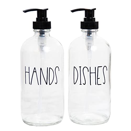 Glass Hand And Dish Soap Dispenser Set For Kitchen, Farmhouse Kitchen Countertop Decor, Set Of 2 16 Oz Labeled Glass Bottles #TOP7