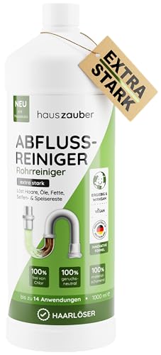 hauszauber - Abflussreiniger [EXTRA STARK] 1000 ml - Löst Speisereste, Öle, Fette & Haare - Profi Rohrreiniger für Badewanne, Waschbecken, Dusche, Siphon, Bad und Küche - Abflussfrei & Haarweg
