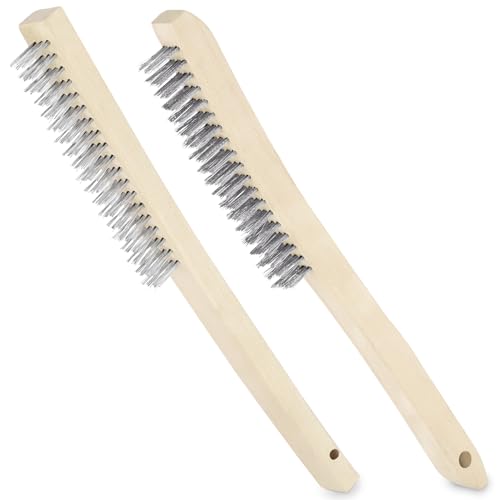 Swpeet 2 cepillos de alambre de acero inoxidable de 13,8 pulgadas con mango largo curvado de madera de haya, alambre de alto rendimiento, cepillo para fregar el óxido, cepillo de fregado con limpieza