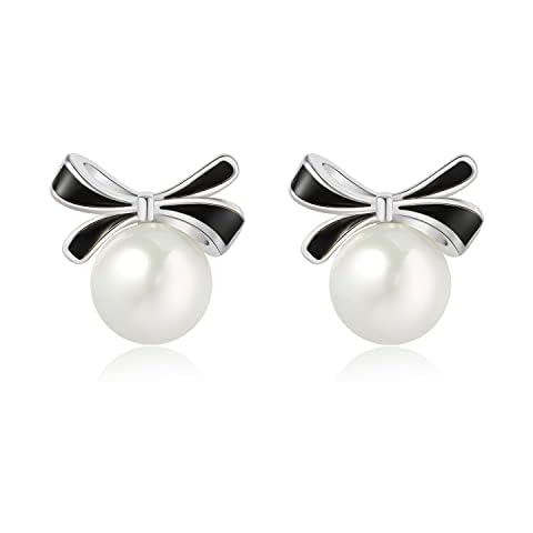 Freshwater Pearl Bow Studs 925 Sterling Silver Classy Bowknot Earrings Women Ladies Birthday Christmas Valentines Day Gift Cover