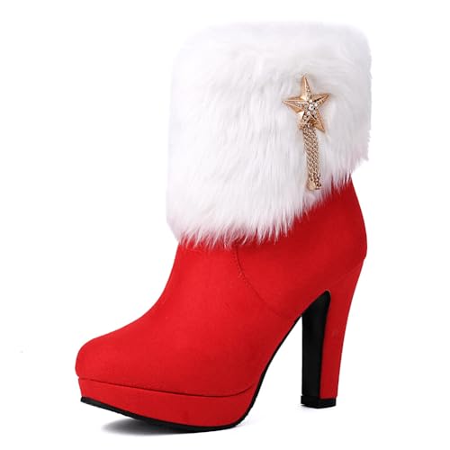 Bottines de Noël à talon pour femme avec doublure chaude et nœud élégant