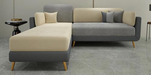 Image of Polyester Velvet Contemperory Sofa Set with Cushion Chaise Lounge, Sectional Sofa Perfect for Your Living Room,Guests Room & Office. (Grey & Beige, RHS 4 Seater)