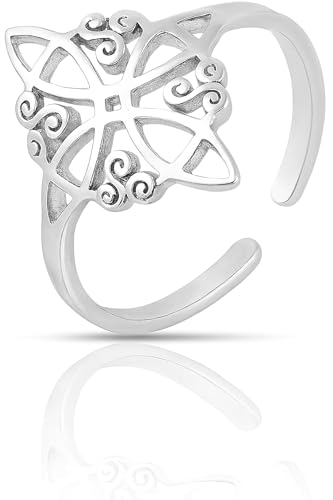 Only faith Anillo Nudo de Bruja para Mujer sortija Ajustable de Acero Inoxidable Trisquel Talisman Celta Magico Protector (Nudo de Bruja Trisquel Plateado)