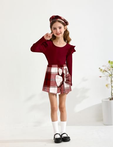 Girls Clothes Ruffle Sleeve T-shirt Top and Bowtie Plaid Skort Set with Hat 3PCS Girls Fall Outfits 5-14 Years2