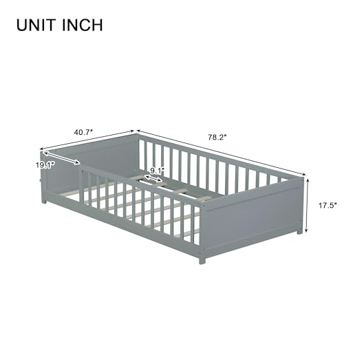 Image of Twin Size Kids Montessori Floor Bed,Twin Floor Bed Frame with Slats and Bookcase,Solid Wood Montessori Bed for Girls Boys,Grey