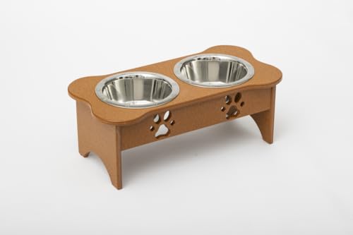 2 qt. 8.5 in. Medium High Double Poly Wood Dog Bowl with 2 Stainless Steel Bowls Cedar