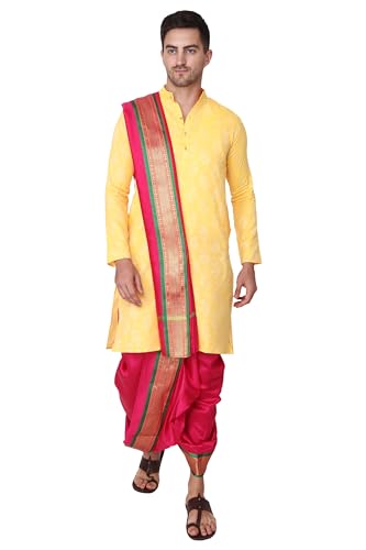 Image of Rameshwaram Fabrics Readymade Dhoti for Men, Velcro Style Stitched Mens Silk Dhoti Pant with Stole Set