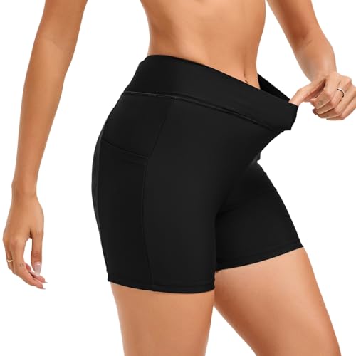 Women's High Waisted Swim Shorts 4" Inseam - Cross Waist Bathing Suit Bottoms with Pockets, Comfortable Swimwear Boy Shorts4
