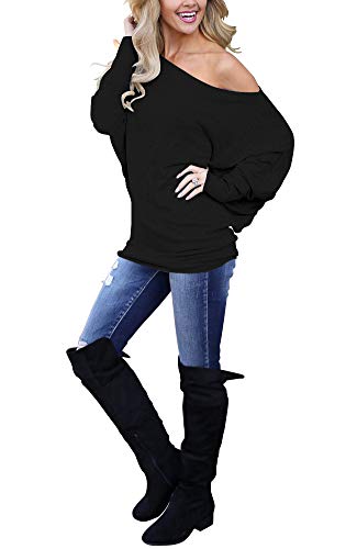 Lacozy Womens Off Shoulder Casual Oversized Long Sleeve Knit Pullover Sweater Tunic Tops Black X-Large #TOP2