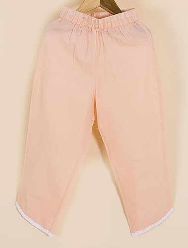 Image of Pspeaches Girls Peach-Coloured Floral Printed Angrakha Pure Cotton Kurta With Trousers With Dupatta (Orange-7-8Y)