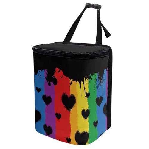 Image of Rainbow Stripes Love Hearts Auto Car Trash Can Rainbow Flag LGBTQ Car Garbage Bag with Lid Washable Leak Proof Car Trash Bin Hanging for Women Men