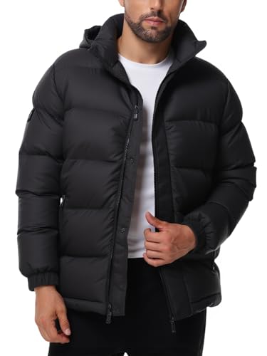 Image of Men's Hooded Puffer Jacket Winter Coat Warm Thickened Zip Up Quilted Padded Jackets with Pockets