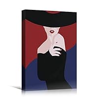 SIGNWIN Canvas Wall Art A Young Woman with Black Dress and Geometric Sun Hat, Red Lipstick People Fashion Illustrations Pop Art Chic Portrait Colorful for Living Room, Bedroom, Office - 12x18 inches