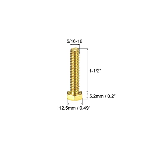 Image of uxcell Brass Hex Bolts, 5 /16-18x1-1 /2 1pcs Fully Thread Grade 4.8 Solid Brass Hexagon Head Bolt Machine Screws for Machinery